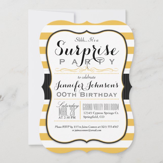 Golden Yellow & White Stripes Surprise Party Invitation (Front)