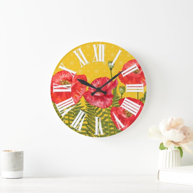 Golden Yellow with Red Poppies Roman Numerals Large Clock (Home)