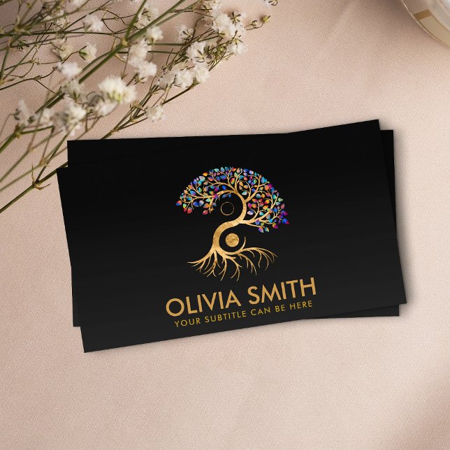 Golden Yin Yang Tree - colourful leaves Business Card (Creator Uploaded)