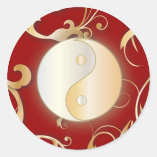 Golden Yin & Yang with scrolls Classic Round Sticker