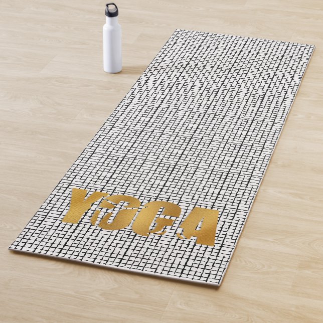 Golden YOGA text with Silhouette on Black Pattern Yoga Mat (In Situ)
