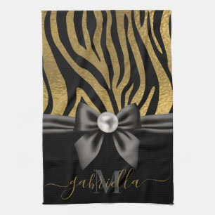 Golden Zebra Print and Bow Tea Towel
