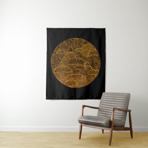 Golden Zen Landscape Black Wall Tapestry