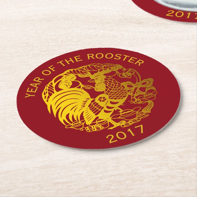 Golden Zodiac 2017 Rooster Year Paper Coaster (Angled)