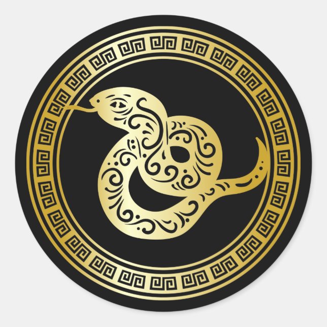 Golden Zodiac Snake on Black with Frame Classic Round Sticker (Front)