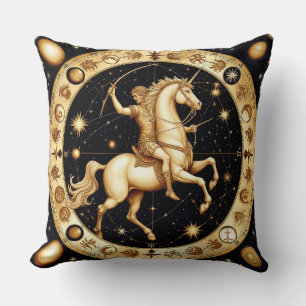 Golden Zodiac Wheel Depicting a Archer Cushion