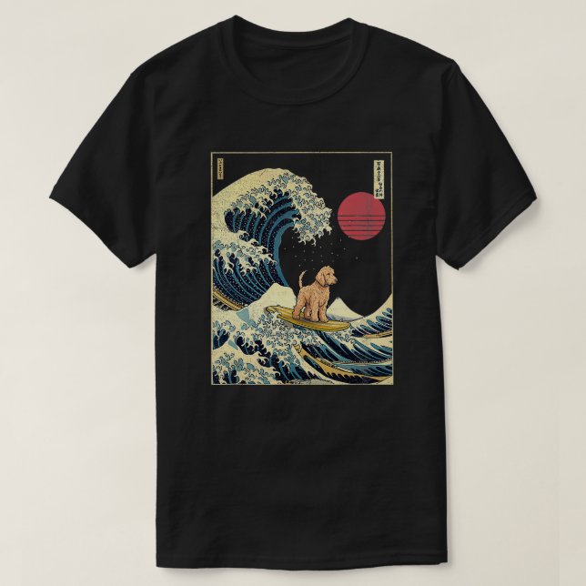 Goldendle Japanese Kanagawa Wave Funny Surf Dog  T-Shirt (Design Front)