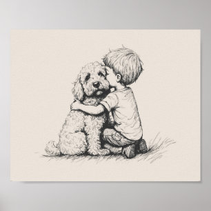 goldendoodle and boy  poster