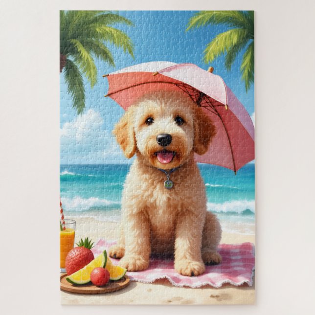 Goldendoodle Beach Relax Scene Jigsaw Puzzle (Vertical)