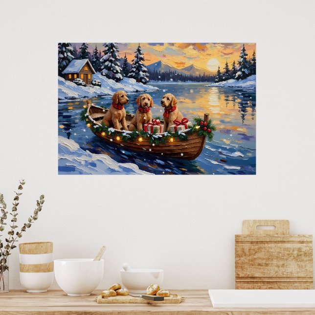 Goldendoodle Christmas Boat Holiday Poster (Kitchen)