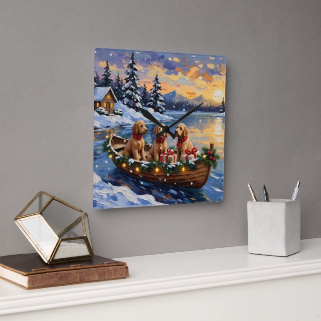 Goldendoodle Christmas Boat Holiday Square Wall Clock (Office)