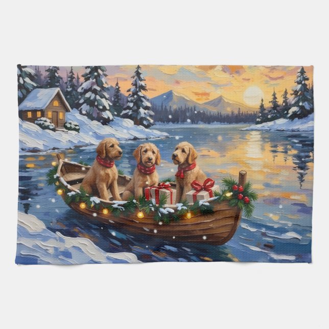 Goldendoodle Christmas Boat Holiday Tea Towel (Horizontal)