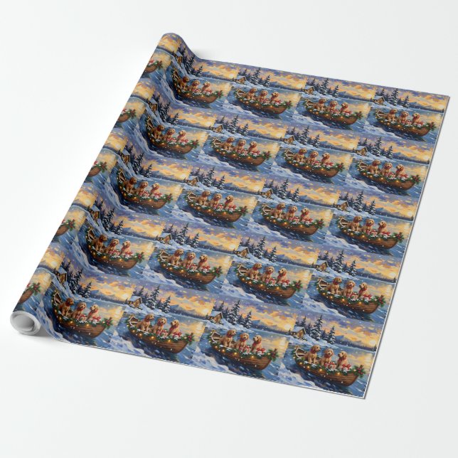 Goldendoodle Christmas Boat Holiday Wrapping Paper (Unrolled)