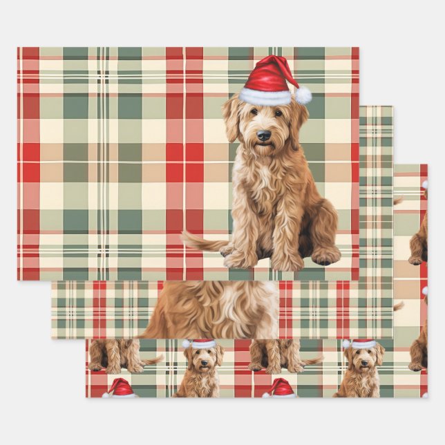 Goldendoodle Christmas Dog Red Holiday Plaid Wrapping Paper Sheet (Set)