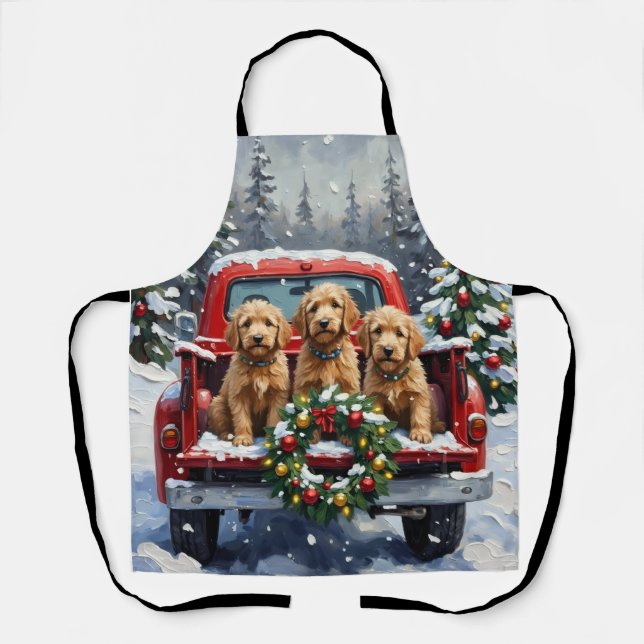 Goldendoodle Christmas Red Truck Holiday Apron (Front)