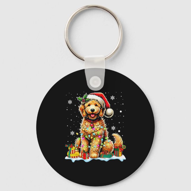 Goldendoodle Christmas Santa Hat Fairy Lights Paja Key Ring (Front)