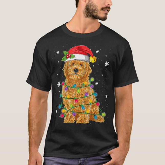Goldendoodle Christmas Santa Hat Fairy Lights T-Shirt (Front)