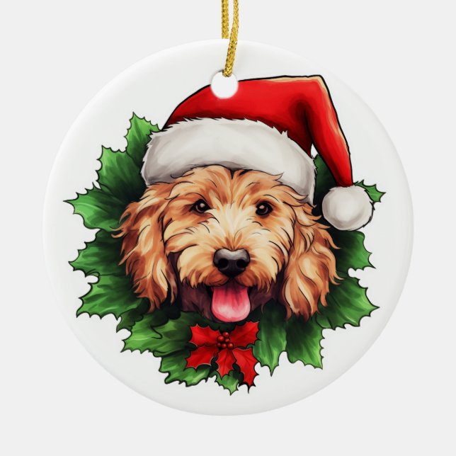 Goldendoodle Christmas Wreath Ceramic Ornament (Front)