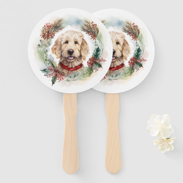 Goldendoodle Christmas Wreath Festive Pup Hand Fan (Front and Back)