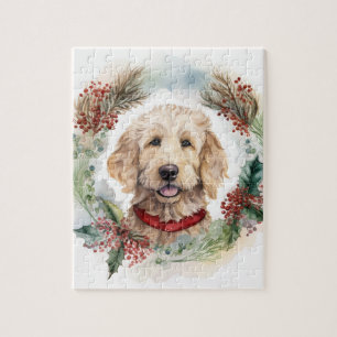 Goldendoodle Christmas Wreath Festive Pup Jigsaw Puzzle