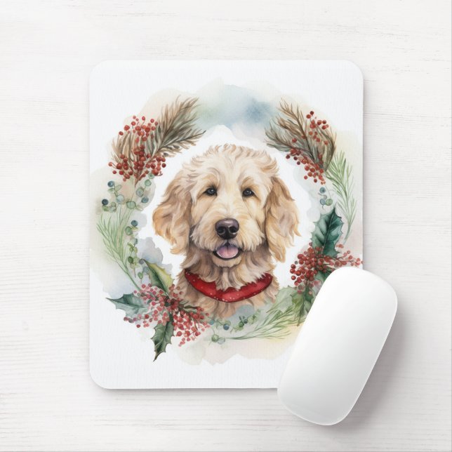 Goldendoodle Christmas Wreath Festive Pup Mouse Pad (With Mouse)