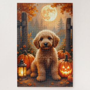 Goldendoodle Cosy Pumpkin Farm Halloween Art Jigsaw Puzzle