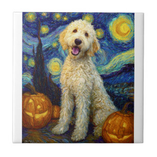 Goldendoodle Cute Dog Halloween Jack O Lantern Pum Ceramic Tile