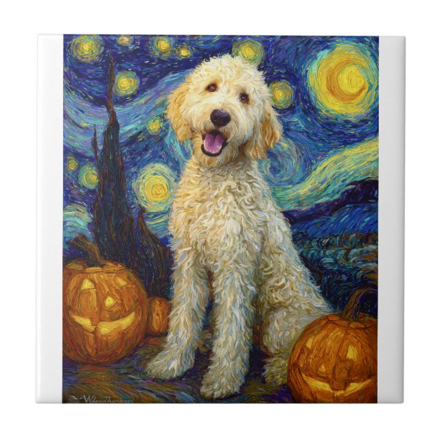 Goldendoodle Cute Dog Halloween Jack O Lantern Pum Ceramic Tile (Front)