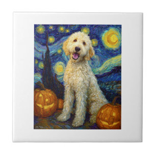 Goldendoodle Cute Dog Halloween Jack O Lantern Pum Ceramic Tile