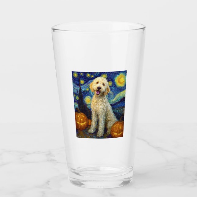 Goldendoodle Cute Dog Halloween Jack O Lantern Pum Glass (Front)