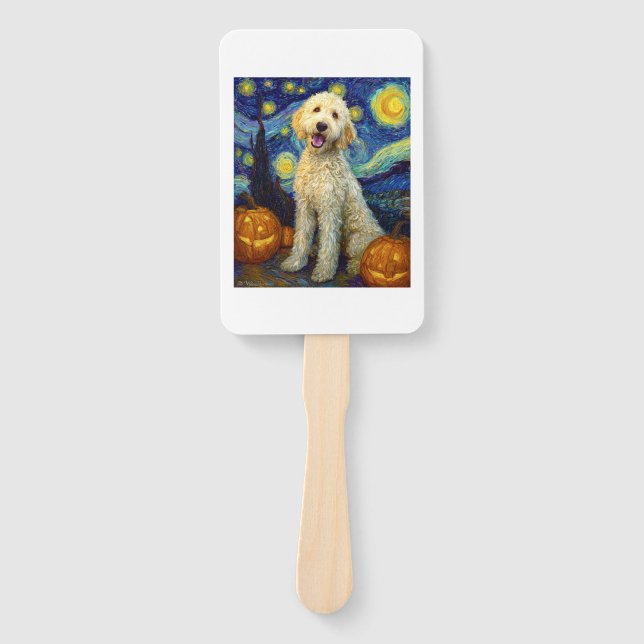 Goldendoodle Cute Dog Halloween Jack O Lantern Pum Hand Fan (Front)