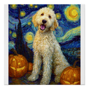 Goldendoodle Cute Dog Halloween Jack O Lantern Pum Poster