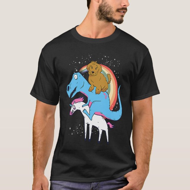 Goldendoodle Dinosaur Riding Unicorn Kids Men Rain T-Shirt (Front)