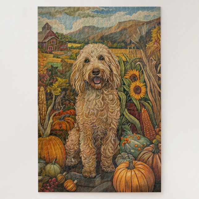 Goldendoodle Dog Autumn Harvest Thanksgiving Jigsaw Puzzle (Vertical)