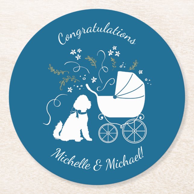 Goldendoodle Dog Baby Shower Boy Blue Round Paper Coaster (Front)