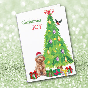 Goldendoodle Dog, Bird and Christmas Tree Holiday Card