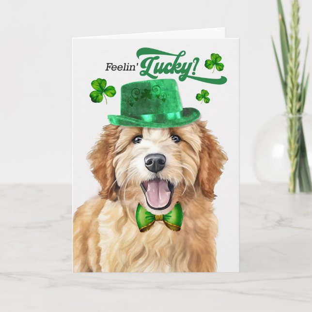 Goldendoodle Dog Feelin' Lucky St Patrick's Day Holiday Card (Front)