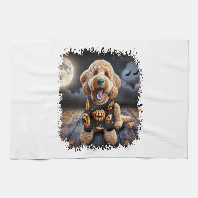 Goldendoodle Dog Halloween Tea Towel (Horizontal)