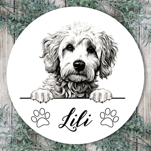 Goldendoodle Dog Hand Drawing Personalised Classic Round Sticker (Creator Uploaded)