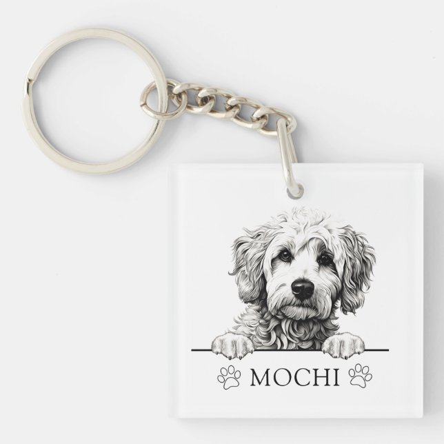 Goldendoodle Dog Hand Drawing Personalised Key Ring (Front)