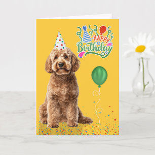 Goldendoodle Dog in a Party Hat on Yellow Birthday Card
