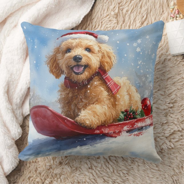 Goldendoodle Dog in Sledge Let it Snow Christmas Cushion (Blanket)