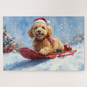 Goldendoodle Dog in Sledge Let it Snow Christmas Jigsaw Puzzle