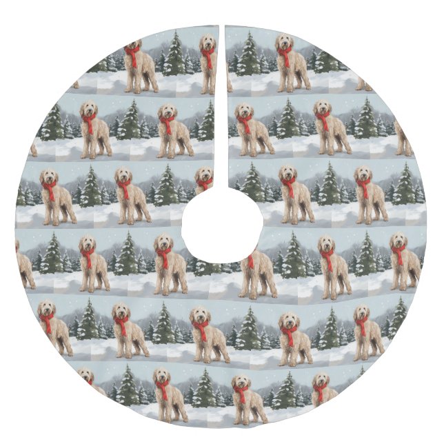 Goldendoodle Dog in Snow Christmas  Brushed Polyester Tree Skirt (Front)