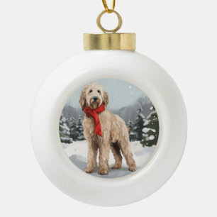 Goldendoodle Dog in Snow Christmas Ceramic Ball Christmas Ornament