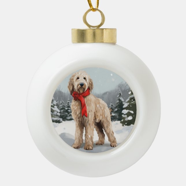 Goldendoodle Dog in Snow Christmas  Ceramic Ball Christmas Ornament (Front)