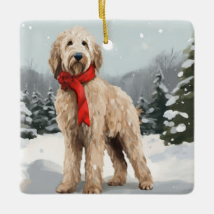 Goldendoodle Dog in Snow Christmas Ceramic Ornament