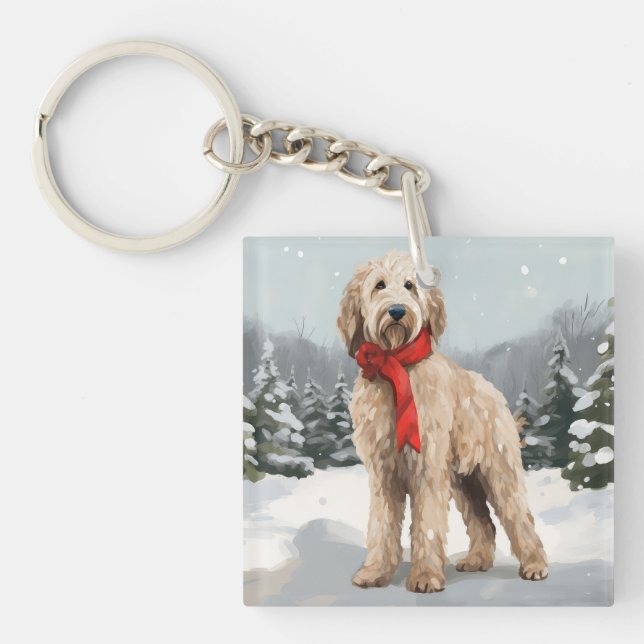 Goldendoodle Dog in Snow Christmas  Key Ring (Front)
