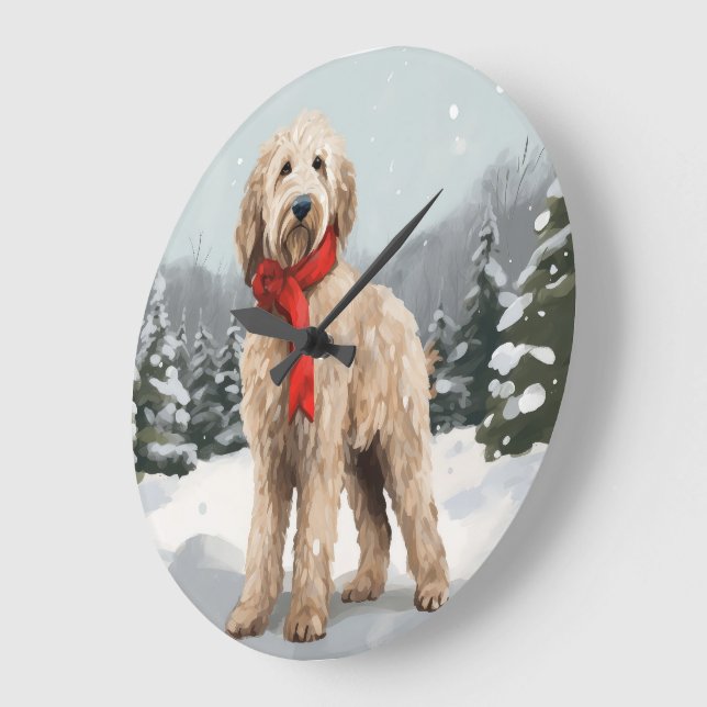 Goldendoodle Dog in Snow Christmas  Large Clock (Angle)