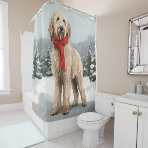 Goldendoodle Dog in Snow Christmas  Shower Curtain